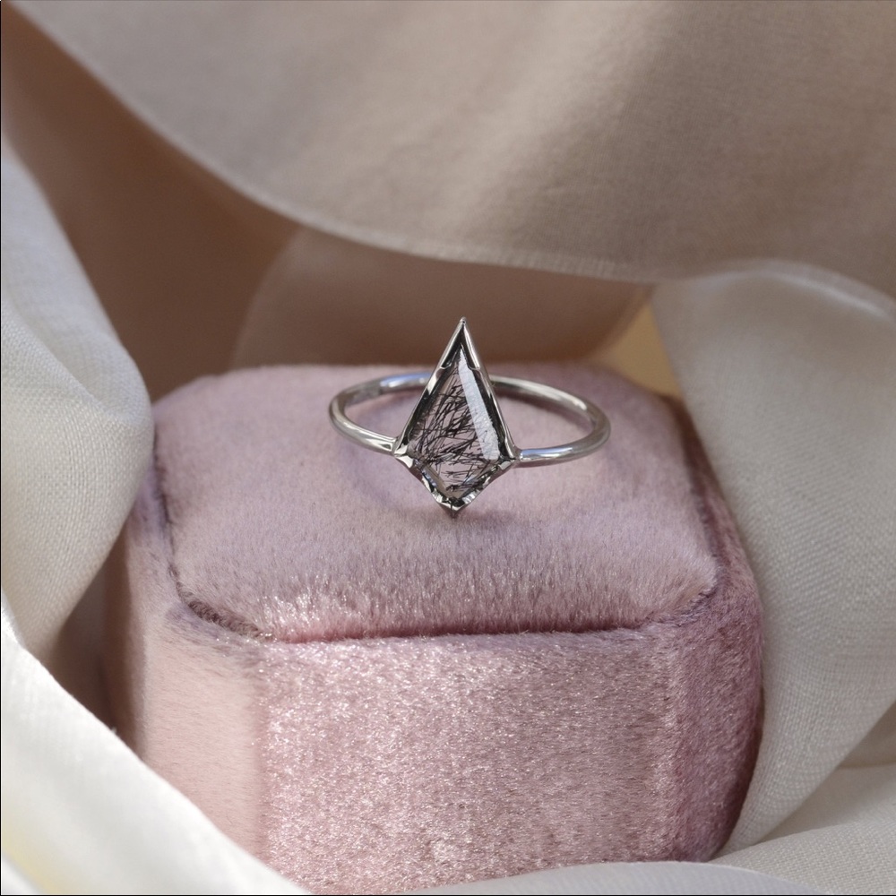 Rutilated or Tourmalated Quartz Kite Cut Ring